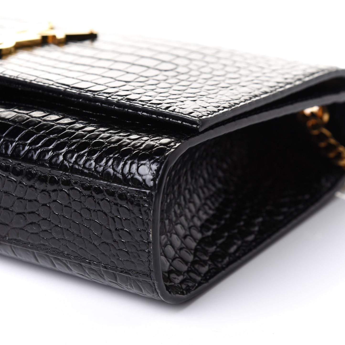Calfskin Crocodile Embossed Medium Classic Monogram Kate Tassel Satchel Black