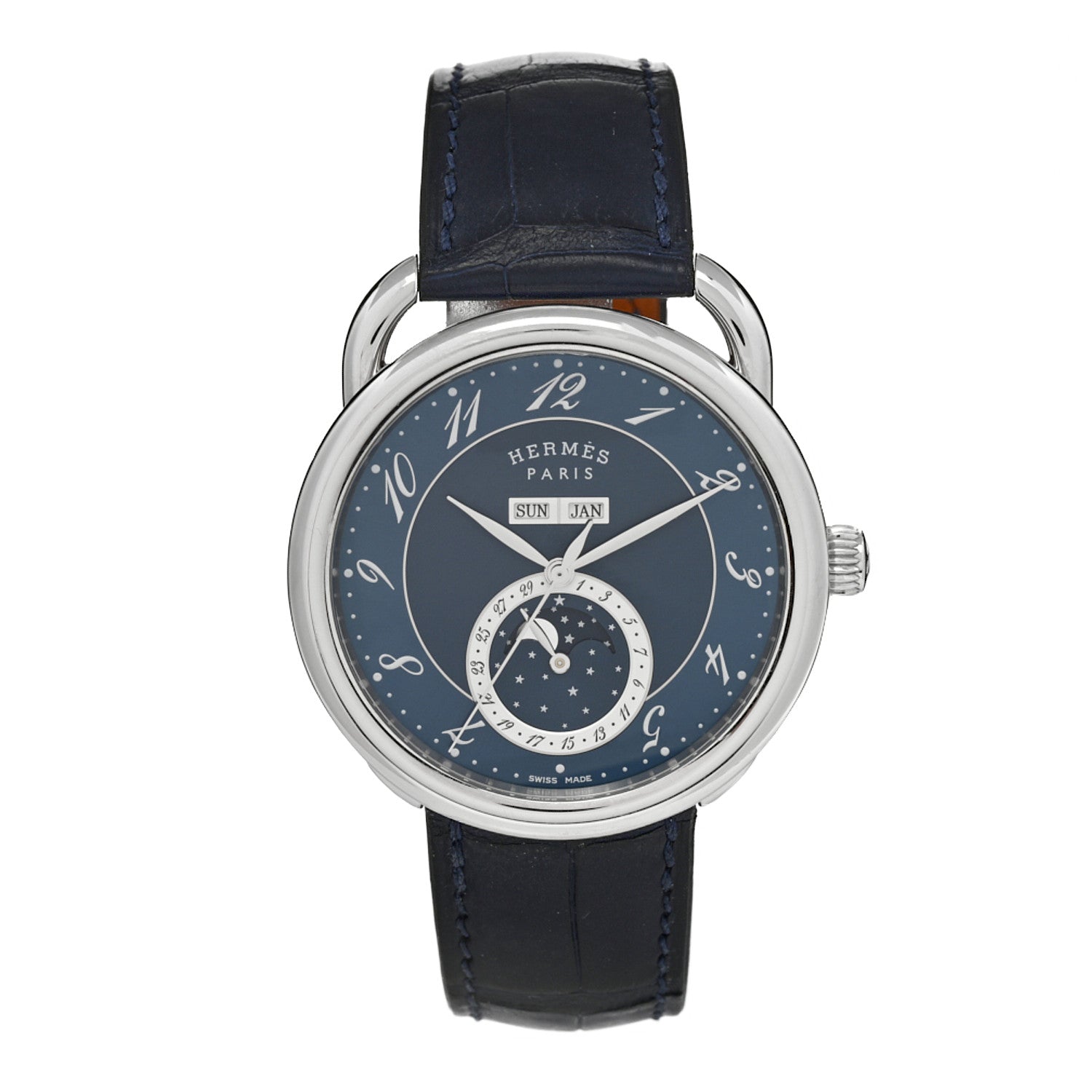 Hermes Stainless Steel Alligator 43mm Arceau Grande Lune Automatic Watch Bleu Abysse 1 of 5