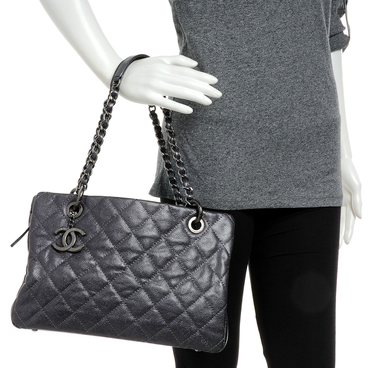 Caviar Timeless CC Large Zip Shopping Tote Dark Silver