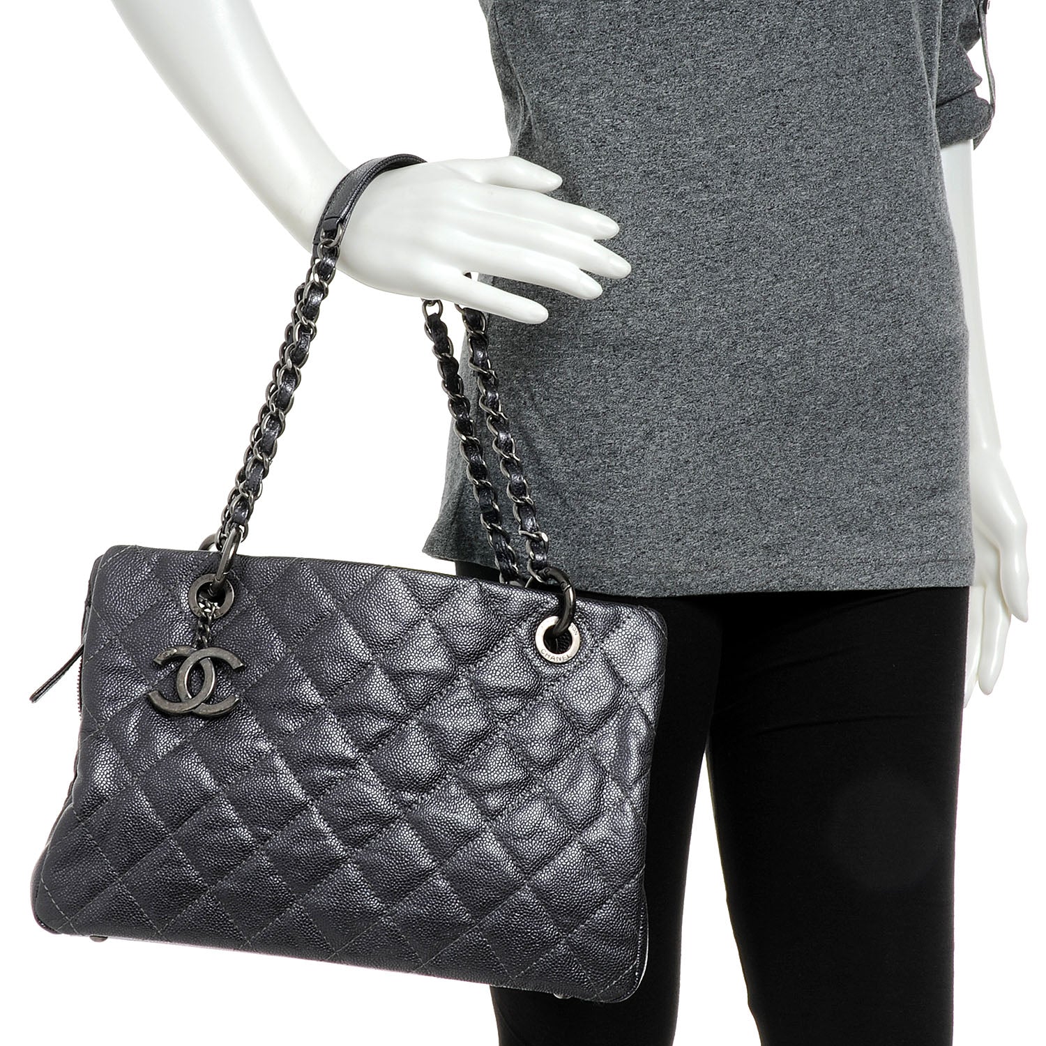 Chanel Caviar Timeless CC Large Zip Shopping Tote Dark Silver 2 of 8