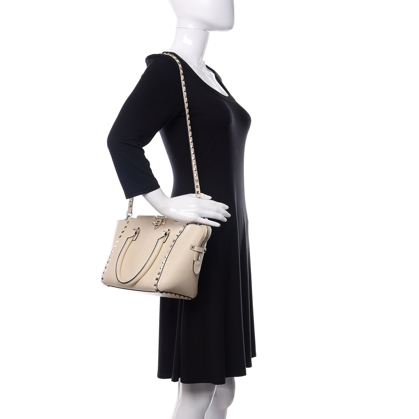 Vitello Small Rockstud Double Handle Tote Ivory