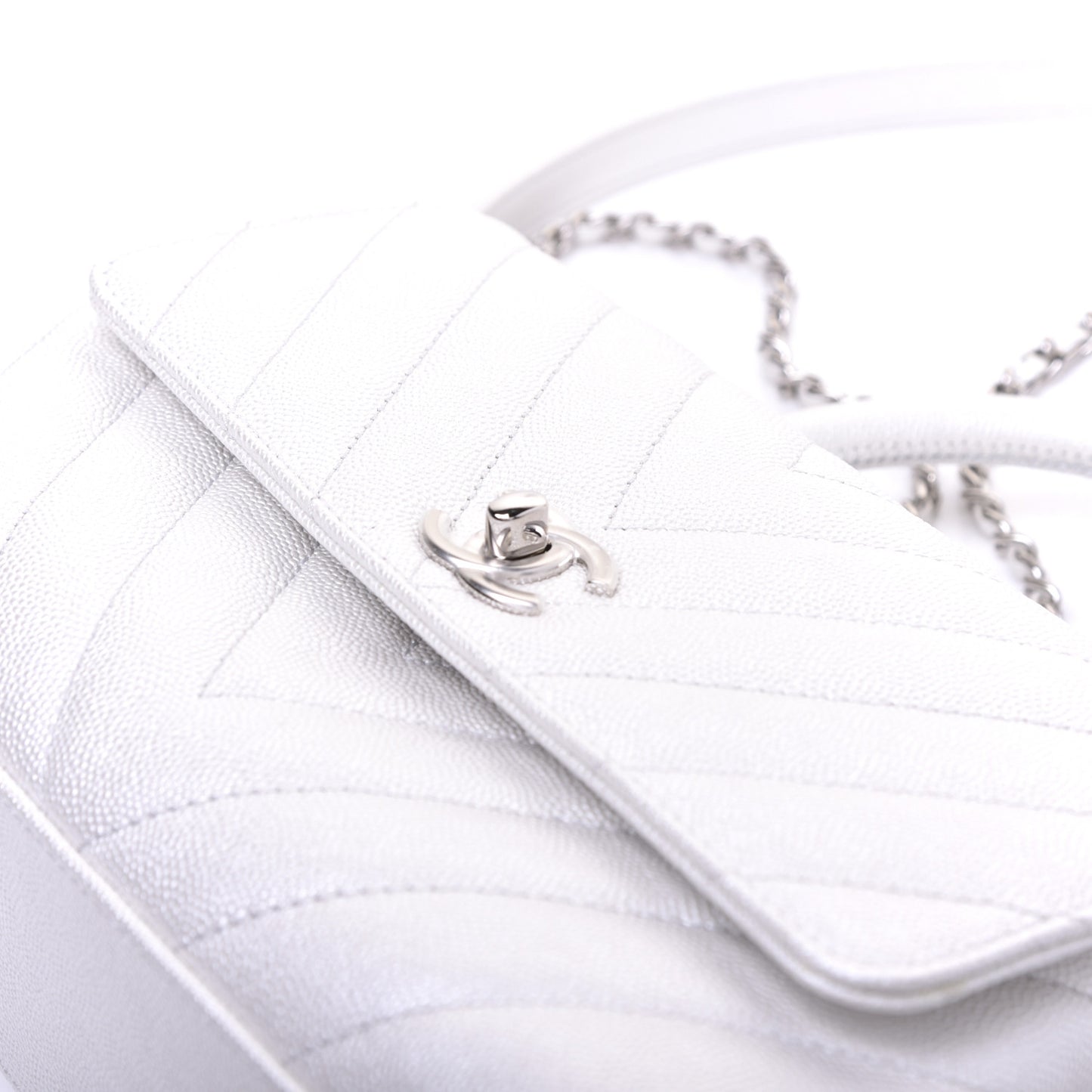 Iridescent Caviar Chevron Quilted Mini Coco Handle Flap White