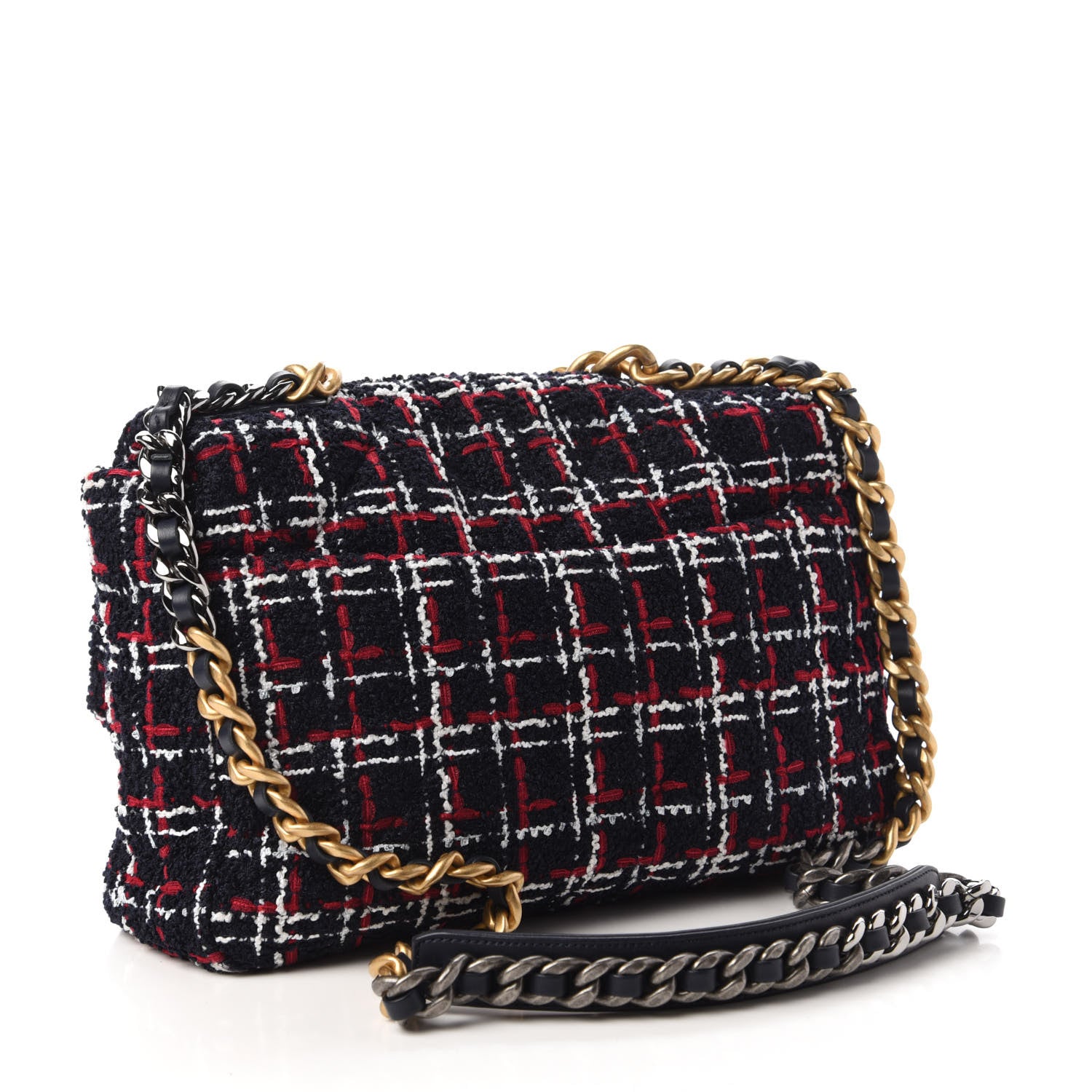 Chanel Tweed Quilted Large Chanel 19 Flap Navy Blue White Red 3 of 10