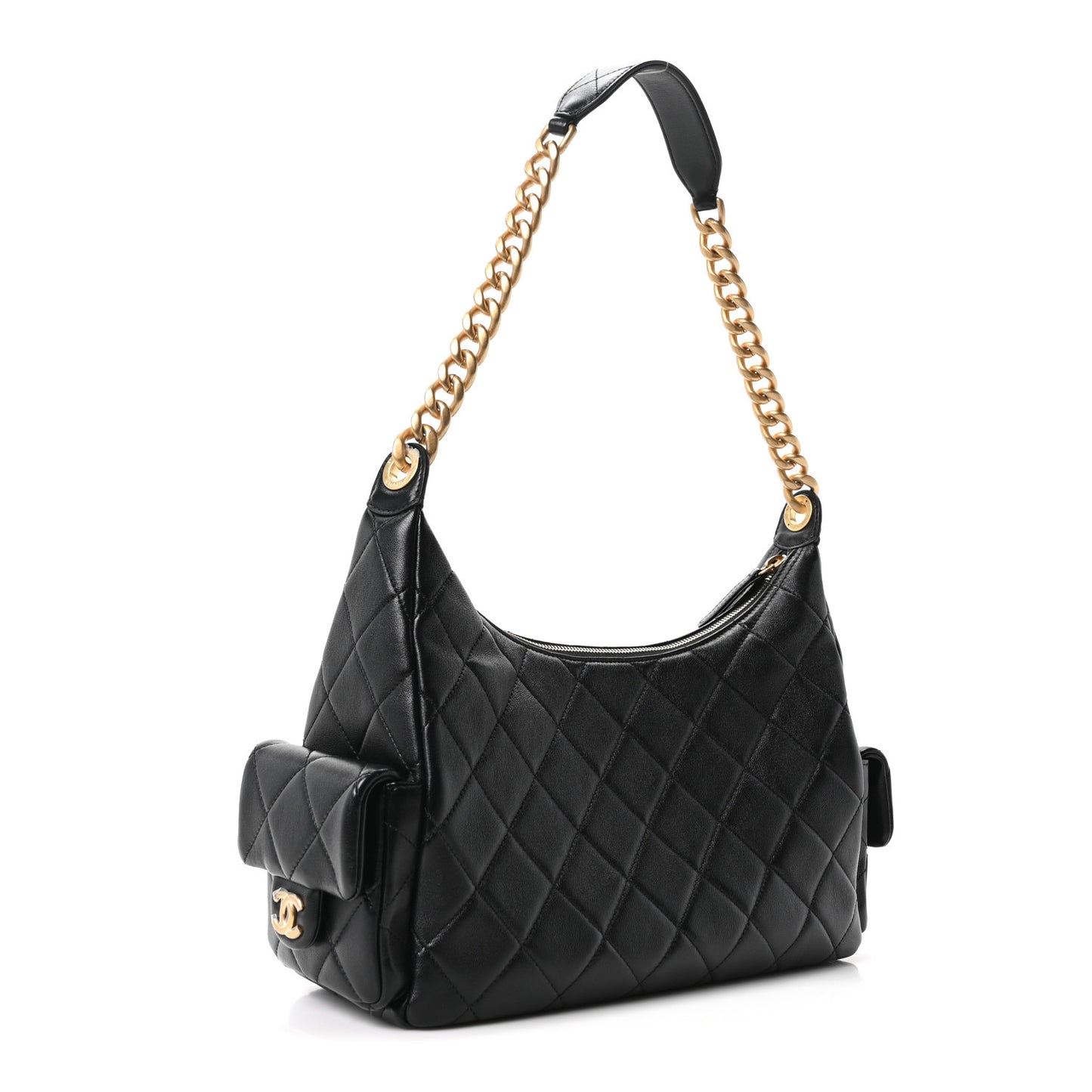 Shiny Lambskin Quilted Large Trendy Pockets Hobo Black