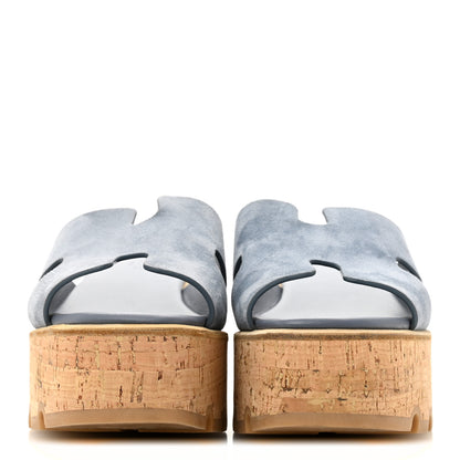 Hermes Suede Goatskin Cork Eze 30 Sandals 37 Bleu Grignon 3 of 12
