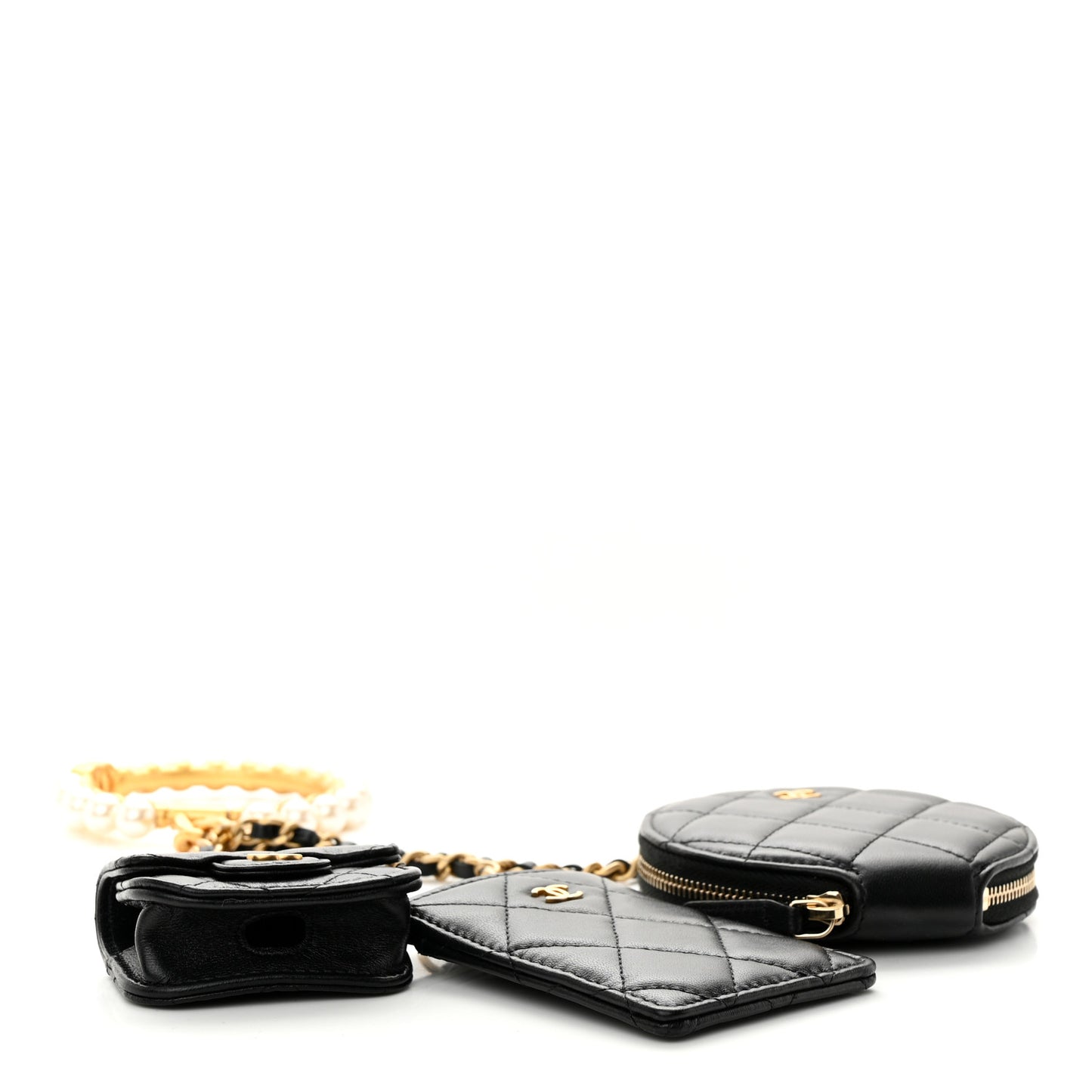 Pearl Lambskin Pearl Crown CC Wristlet Multi Pouches Black