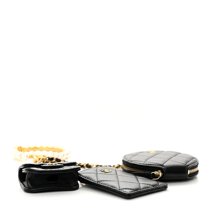 Chanel Pearl Lambskin Pearl Crown CC Wristlet Multi Pouches Black 4 of 12