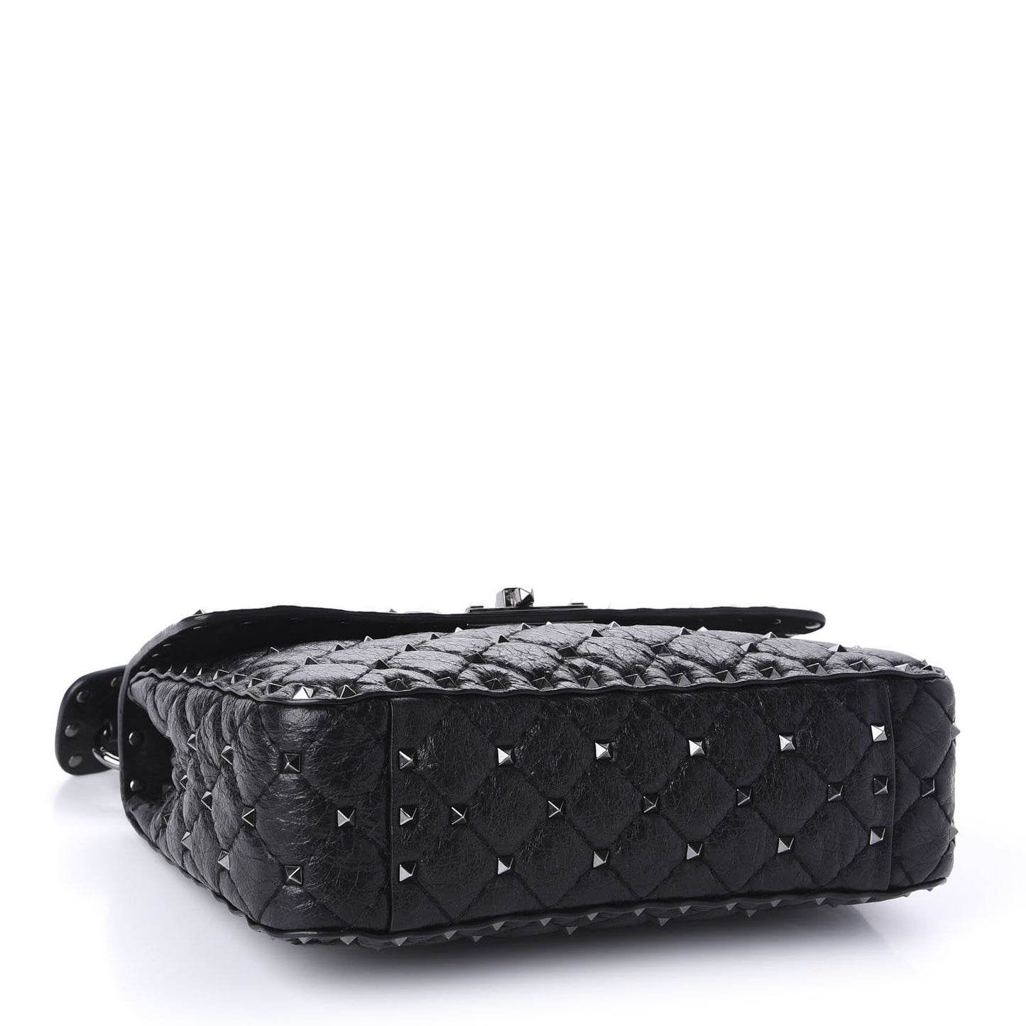 Craquele Nappa Medium Rockstud Spike Shoulder Bag Black