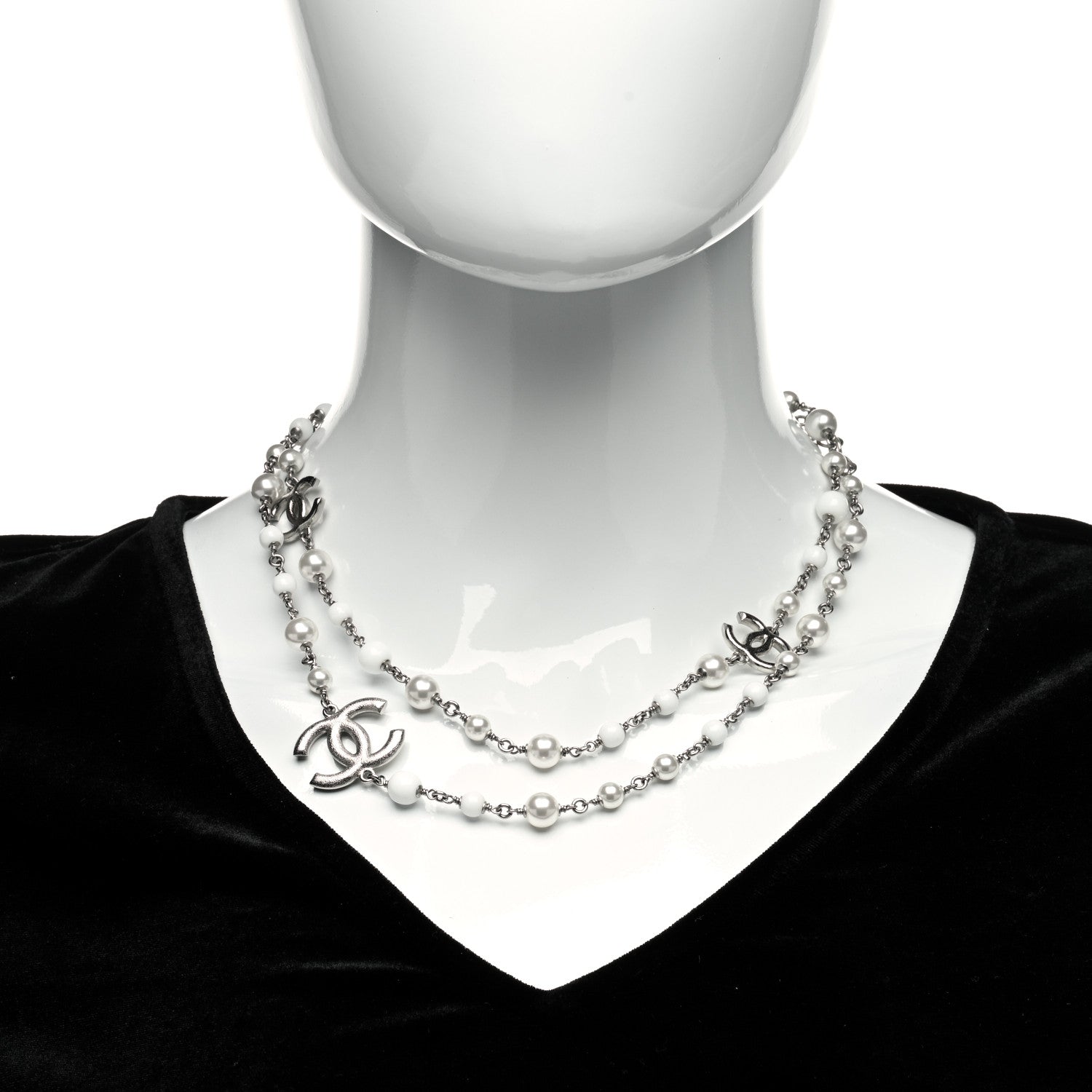Chanel Pearl Beaded Enamel CC Long Necklace White 2 of 5