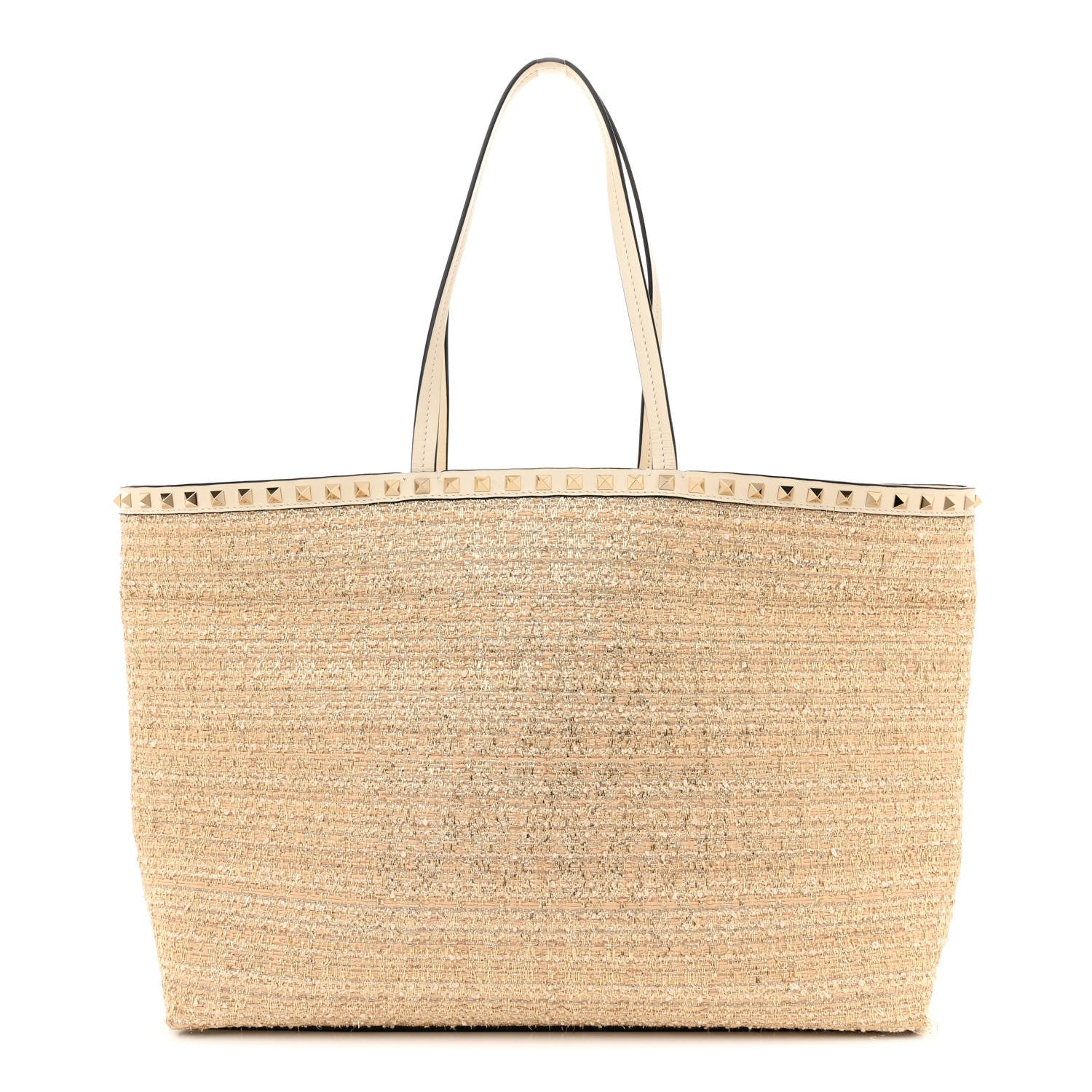 Valentino Garavani Metallic Boucle Raffia Calfskin Rockstud Shoulder Tote White Gold Ivory 1 of 11