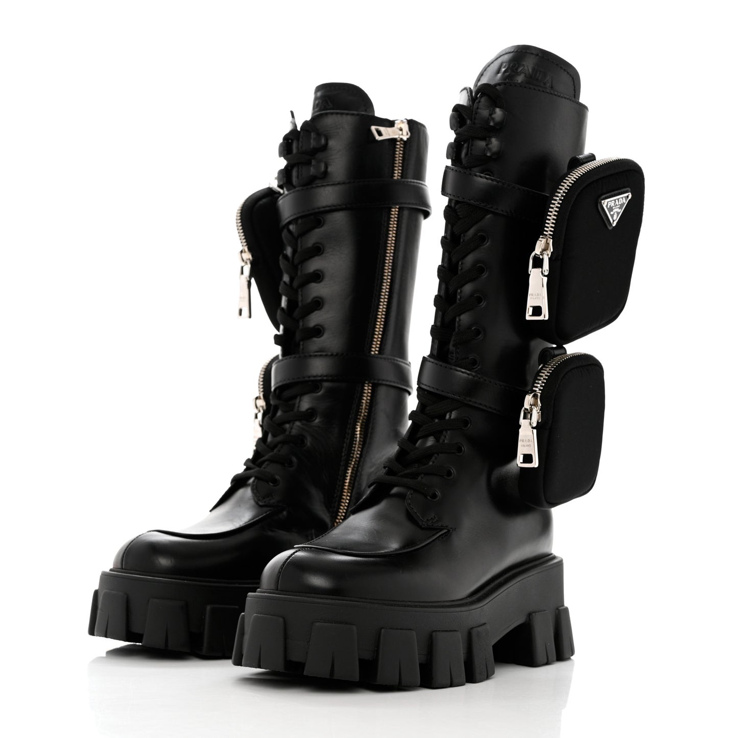 Vitello Lux Nylon Metal Triangle Logo Monolith Pouch Pocket 55mm Tall Combat Boots 35 Black