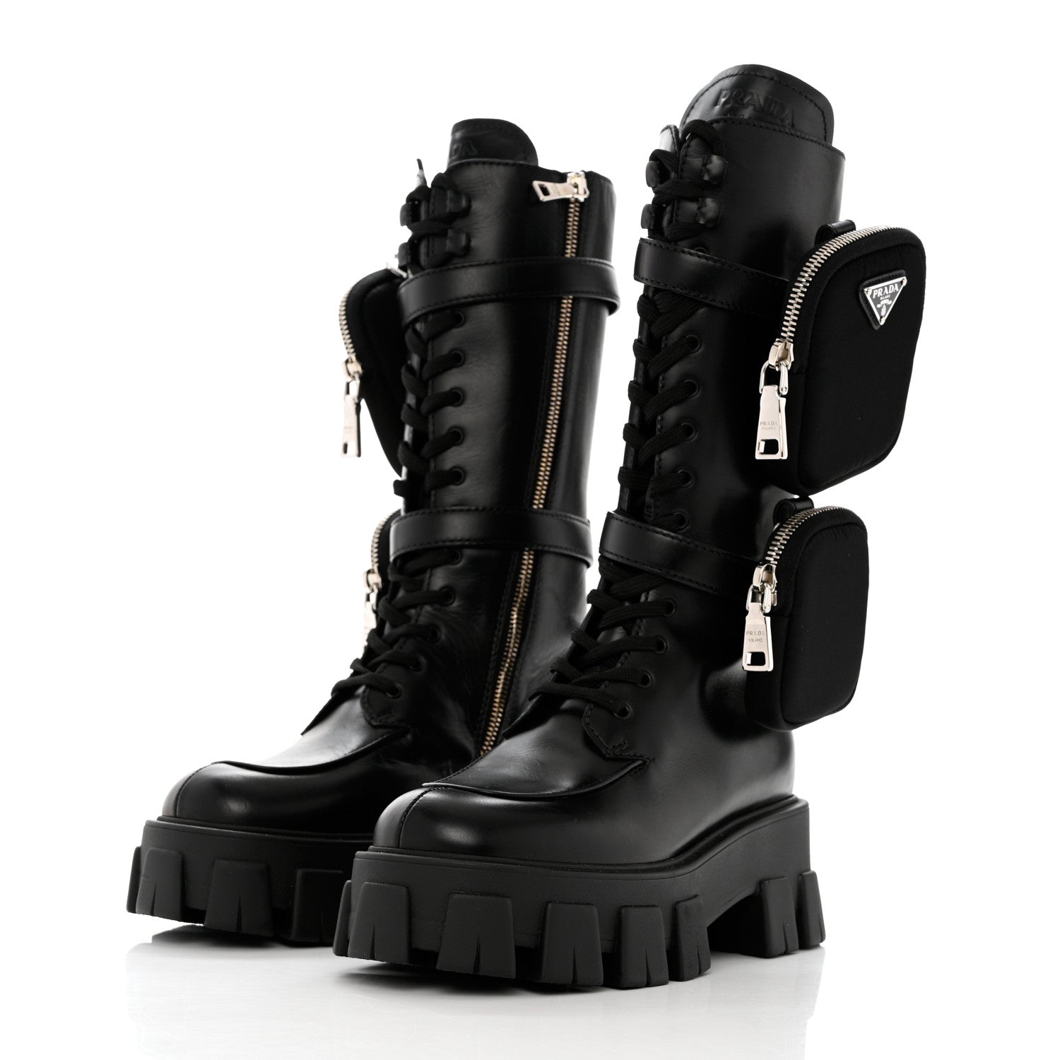 Prada Vitello Lux Nylon Metal Triangle Logo Monolith Pouch Pocket 55mm Tall Combat Boots 35 Black 3 of 10