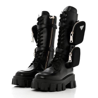 Prada Vitello Lux Nylon Metal Triangle Logo Monolith Pouch Pocket 55mm Tall Combat Boots 35 Black 3 of 10