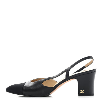 Chanel Goatskin Grosgrain Cap Toe CC Slingback Pumps 39.5 Black 1 of 12