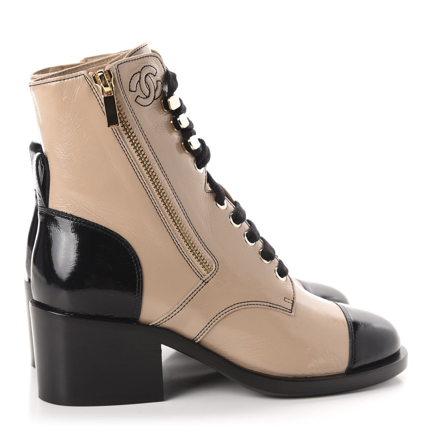 Patent Calfskin CC Lace Up Short Boots 36 Beige Black