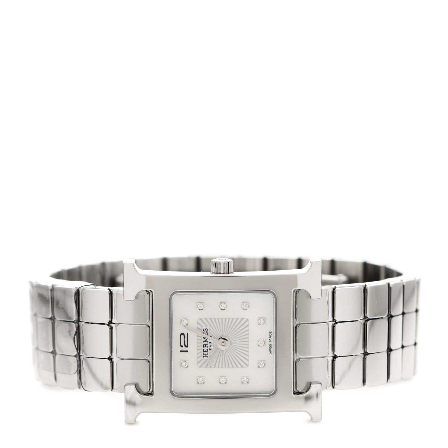 Hermes Stainless Steel Diamond Mother of Pearl 21mm Heure H Hour Quartz Watch 2 of 5