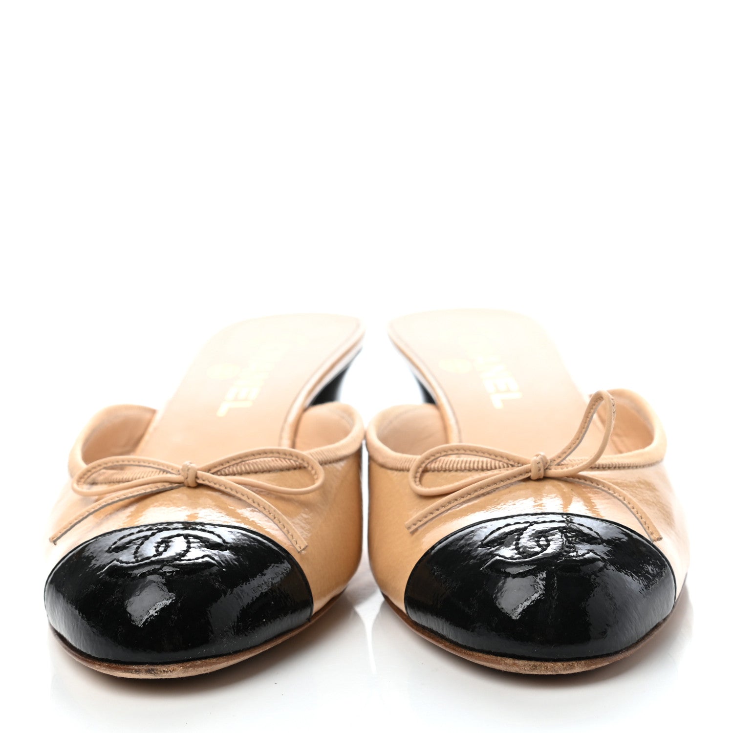 Chanel Patent Calfskin Cap Toe CC Mules 39 Beige Black 2 of 7