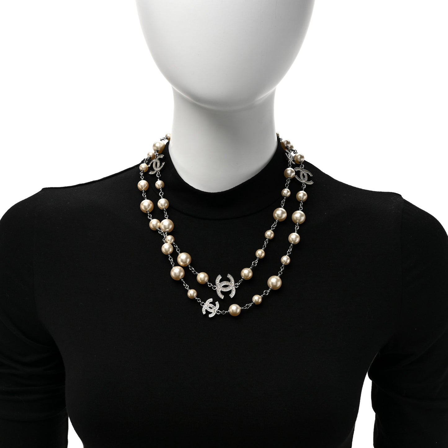 Graduated Pearl Crystal CC Long Necklace Silver