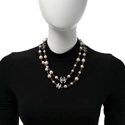 Chanel Graduated Pearl Crystal CC Long Necklace Silver 2 of 4
