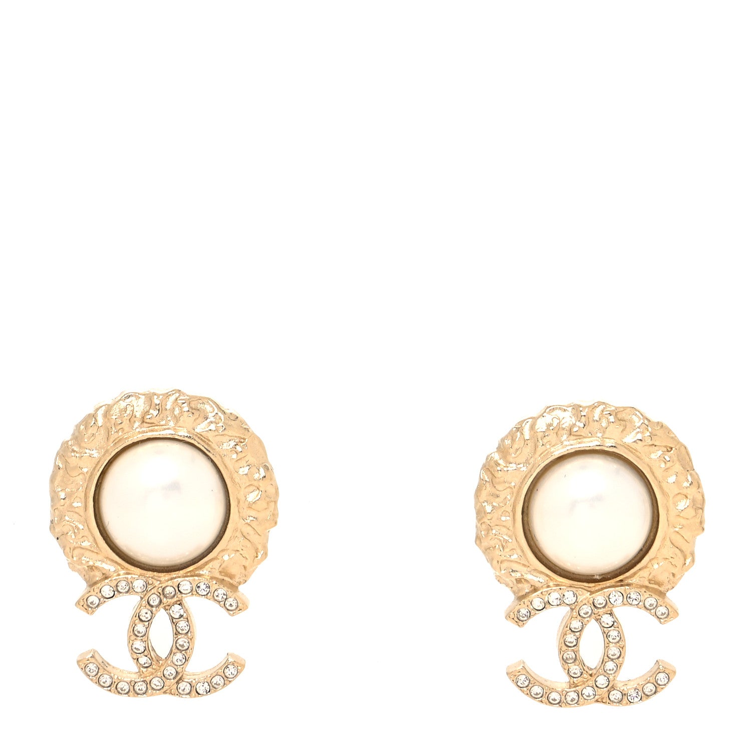Chanel Crystal Pearl Textured CC Round Drop Earrings Gold 1 of 4