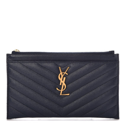 Saint Laurent Grain De Poudre Chevron Monogram Bill Pouch Navy 1 of 8