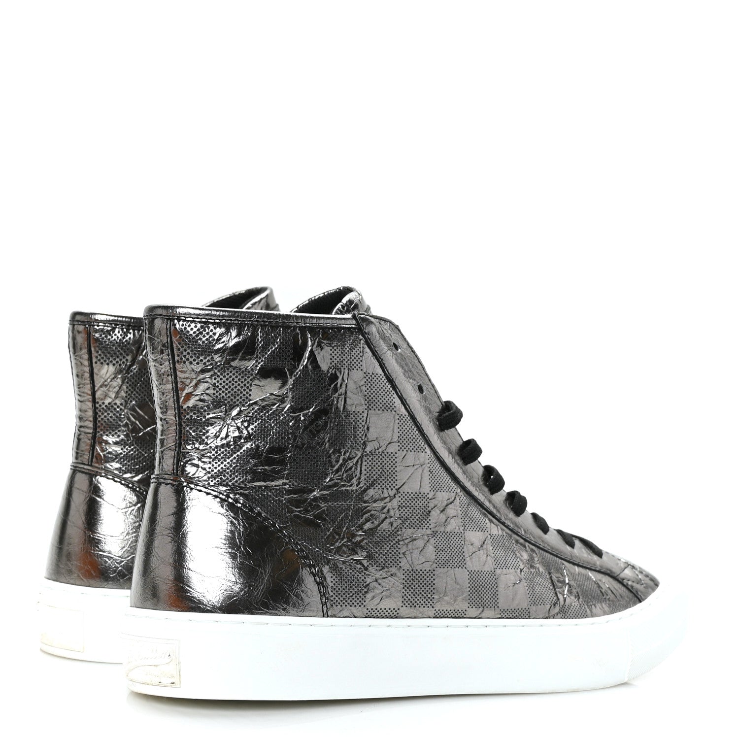 Louis Vuitton Metallic Patent Calfskin Embossed Damier Mens High Top Sneakers 7 Grey 3 of 8