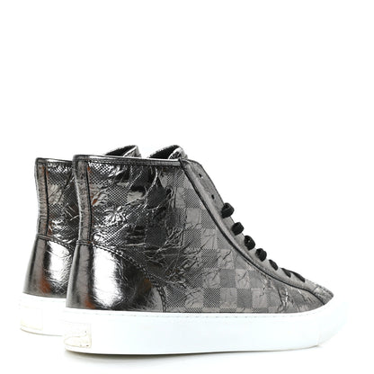 Louis Vuitton Metallic Patent Calfskin Embossed Damier Mens High Top Sneakers 7 Grey 3 of 8