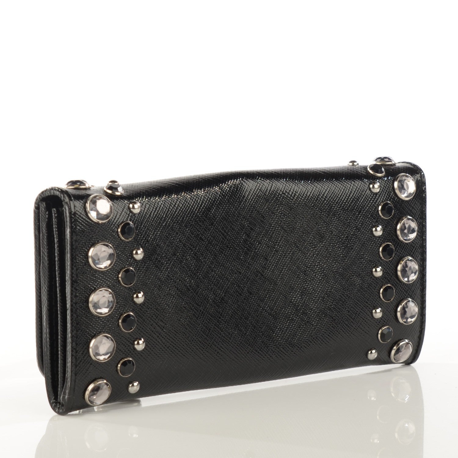 Prada Saffiano Vernice Crystal Studded Continental Wallet Black 3 of 8