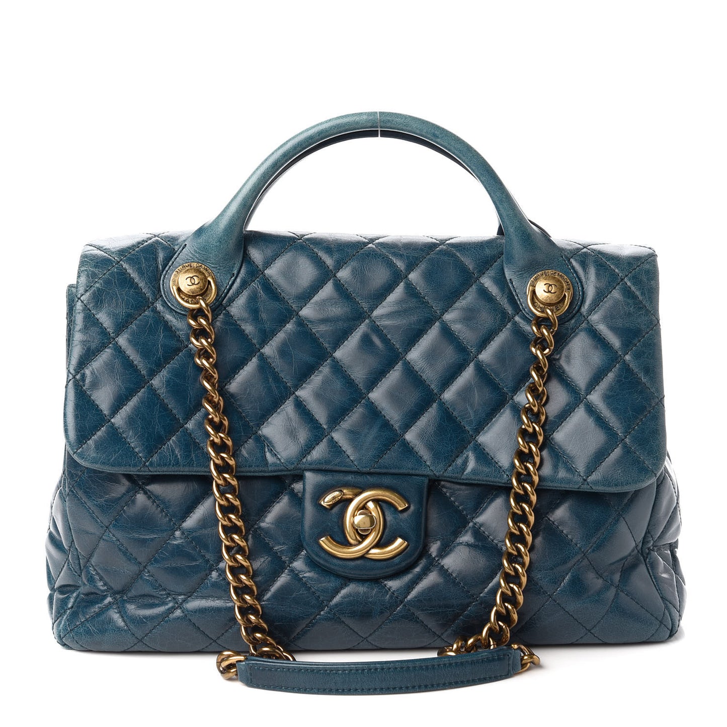 Glazed Calfskin Castle Rock Large Flap Blue