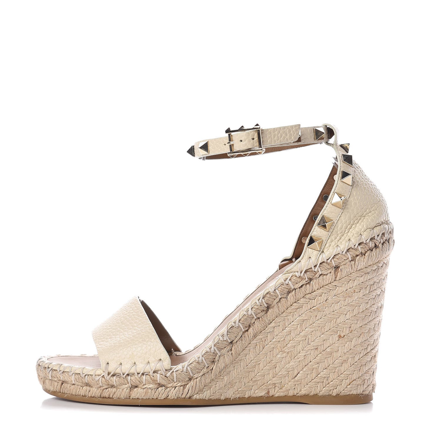 Grained Calfskin Rockstud Ankle Strap Espadrille Wedge Sandals 38 Light Ivory