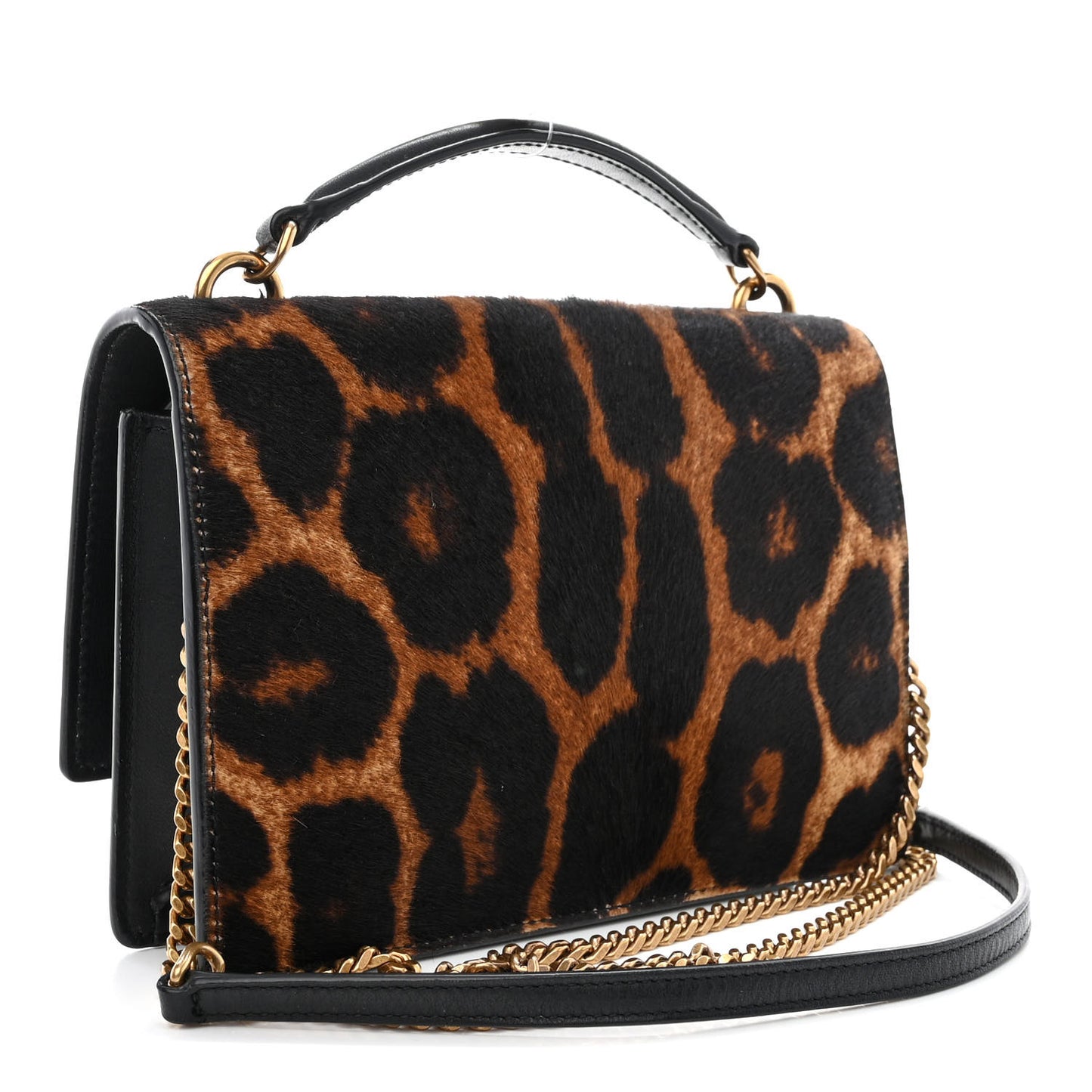 Pony Hair Calfskin Leopard Print Monogram Sunset Chain Wallet Black