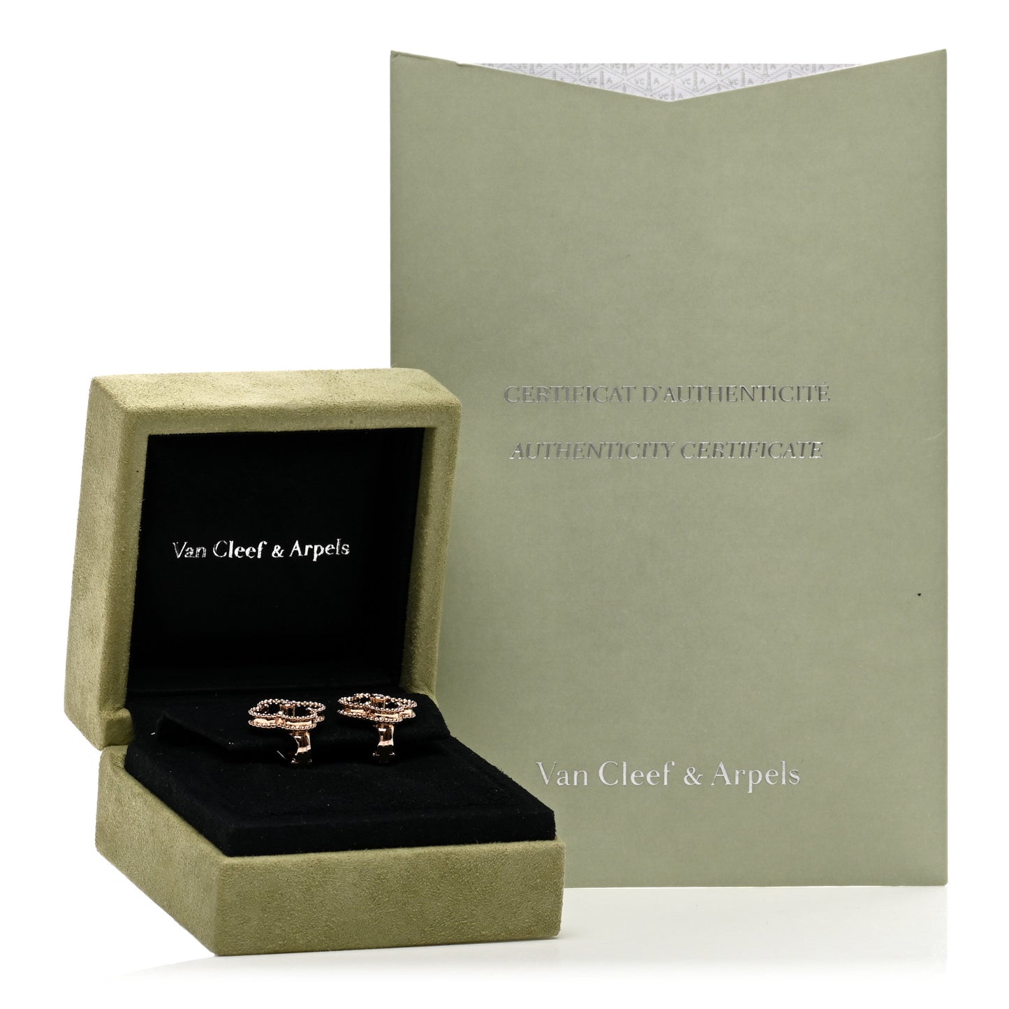 18K Rose Gold Diamond Black Onyx Vintage Alhambra Earrings