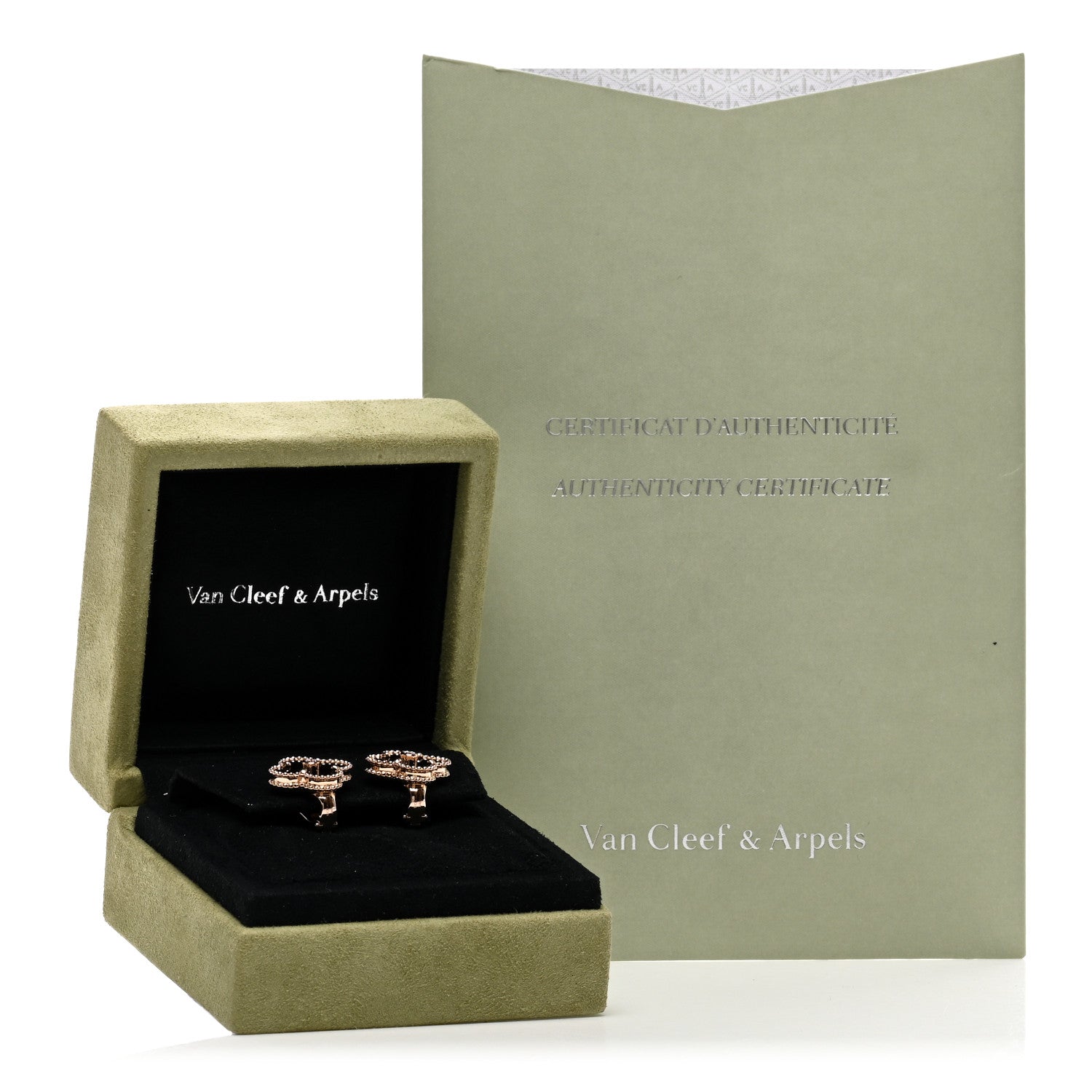 Van Cleef & Arpels 18K Rose Gold Diamond Black Onyx Vintage Alhambra Earrings 5 of 5