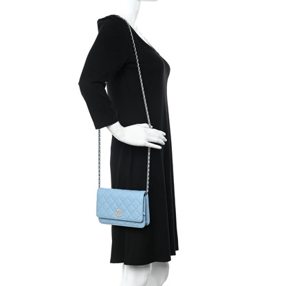 Chanel Caviar Quilted Crystal CC Wallet On Chain WOC Light Blue 3 of 12