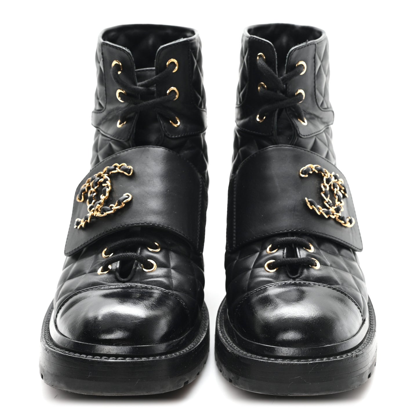 Shiny Calfskin Quilted Lace Up Combat Boots 38.5 Black