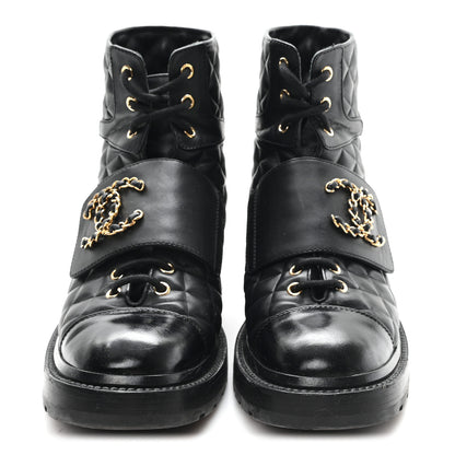 Chanel Shiny Calfskin Quilted Lace Up Combat Boots 38.5 Black 3 of 11
