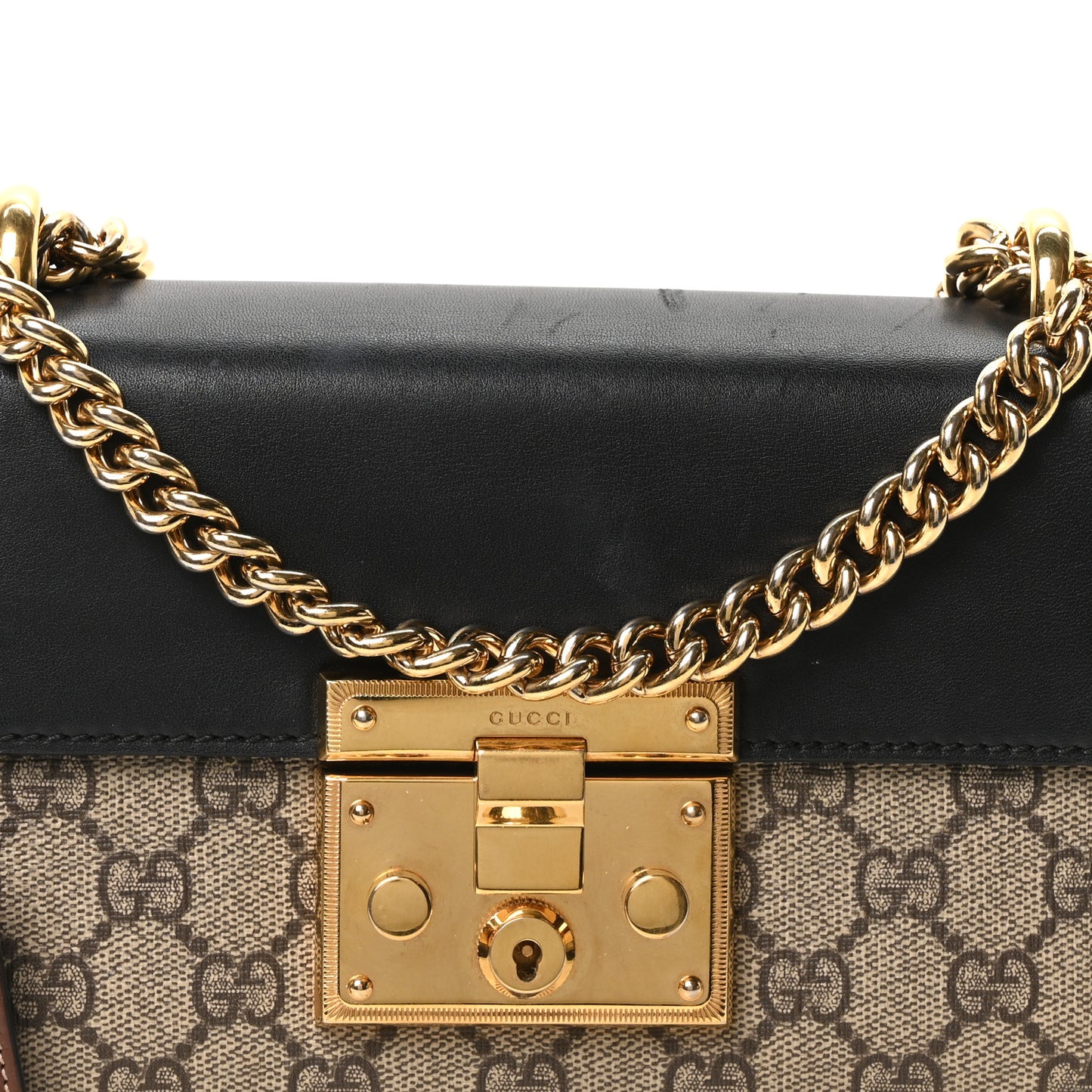 GG Supreme Monogram Calfskin Small Padlock Shoulder Bag Beige Black Cuir