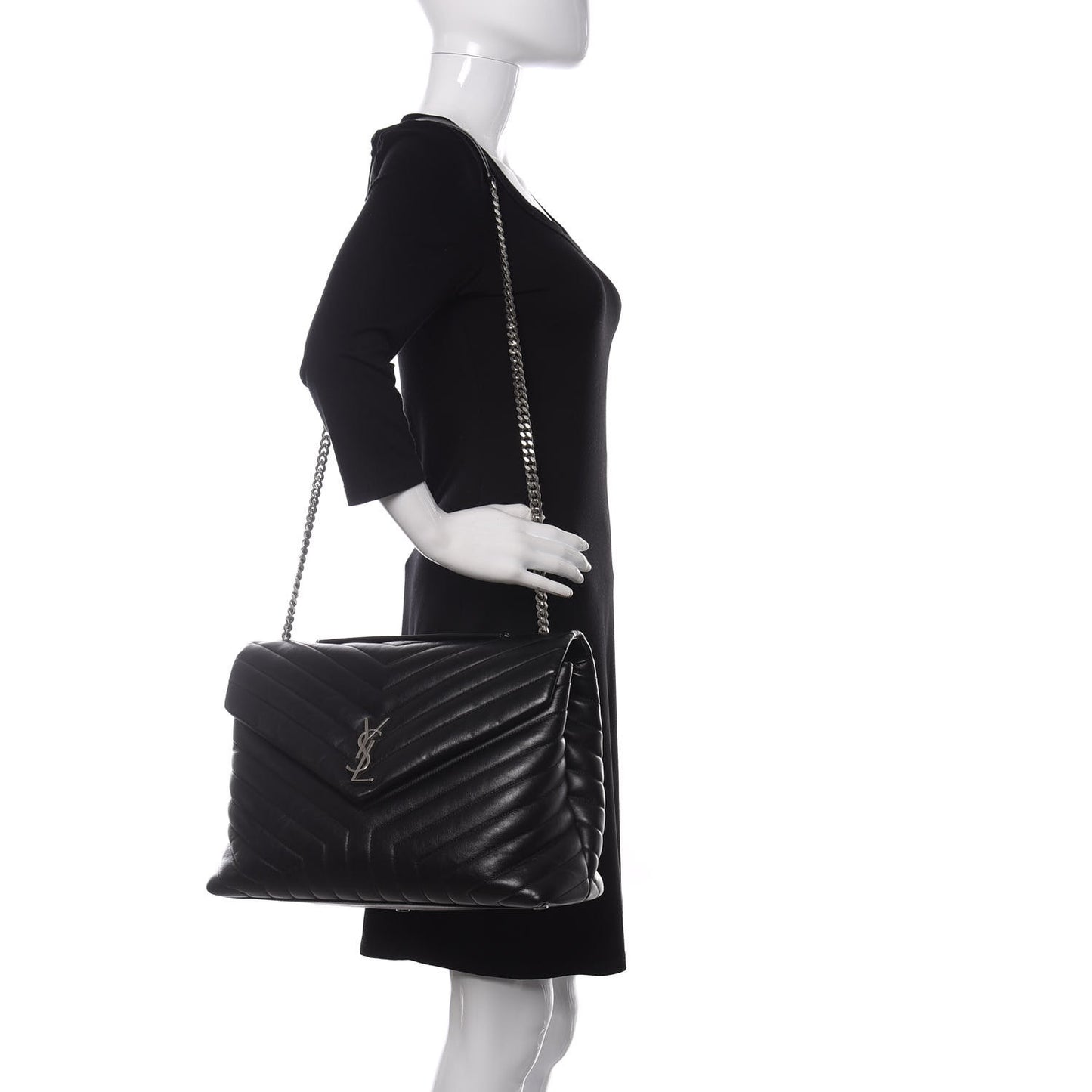 Calfskin Y Quilted Monogram Large Loulou Chain Satchel Black