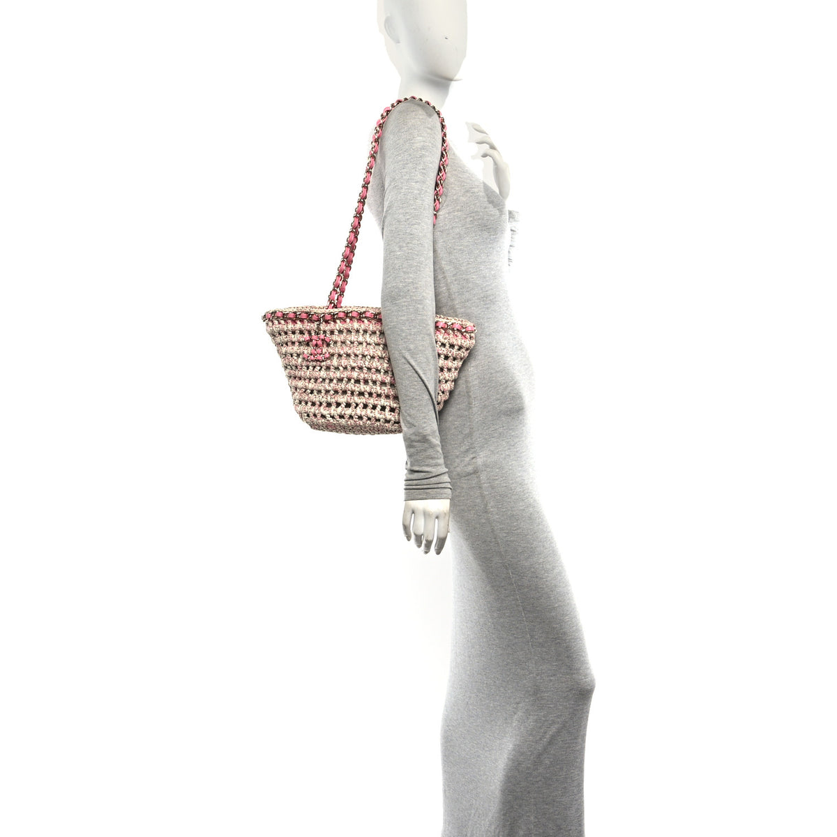 Mixed Fibers Calfskin Crochet Small Shopping Bag Beige Pink