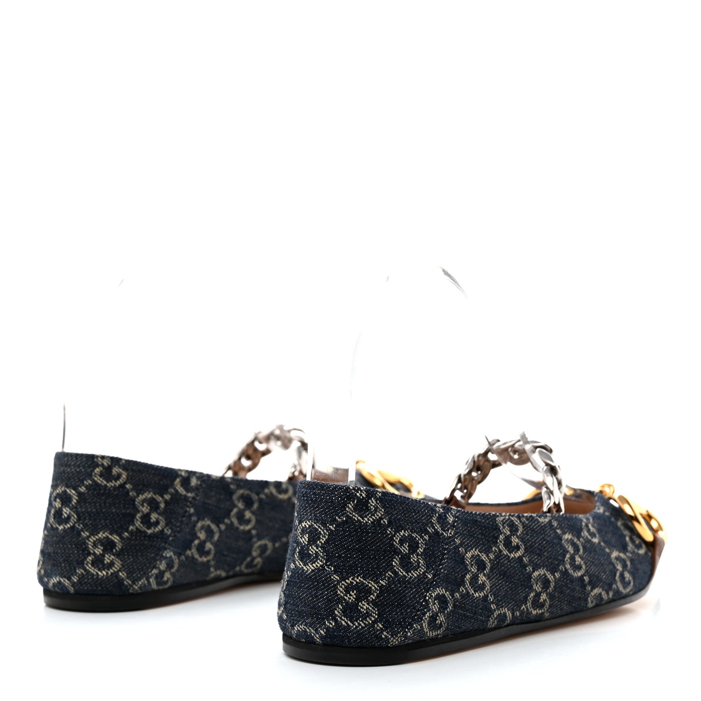 New Denim GG Monogram Nappa Deva Horsebit Chain Embellished Flats 35.5 Blue Tea Cuir Epilog