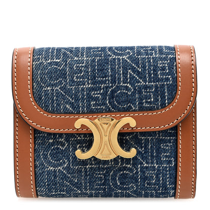 Celine Denim Calfskin All Over Print Small Triomphe Wallet Navy Tan 1 of 7
