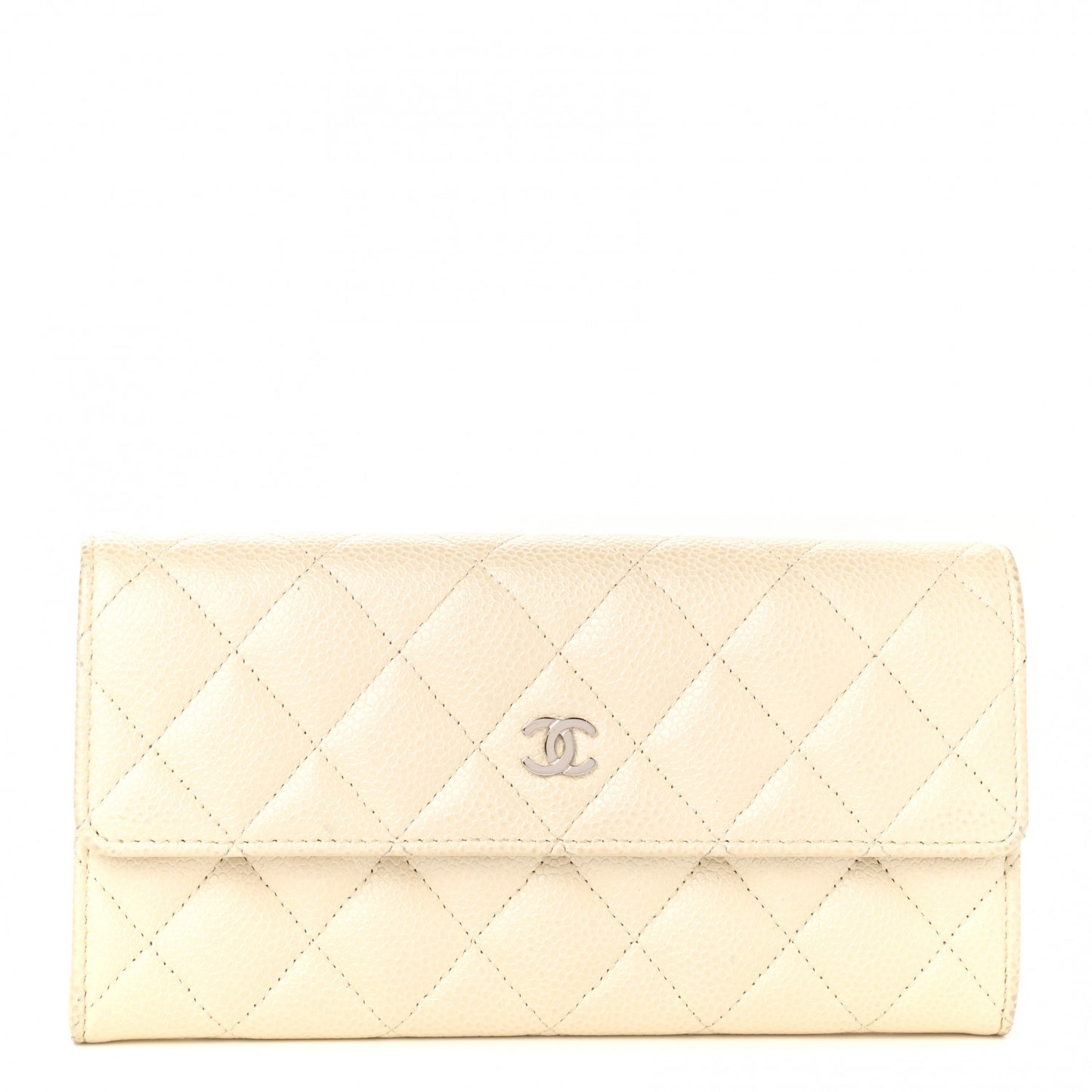 Pearly Caviar Quilted Large Gusset Flap Wallet Ivory