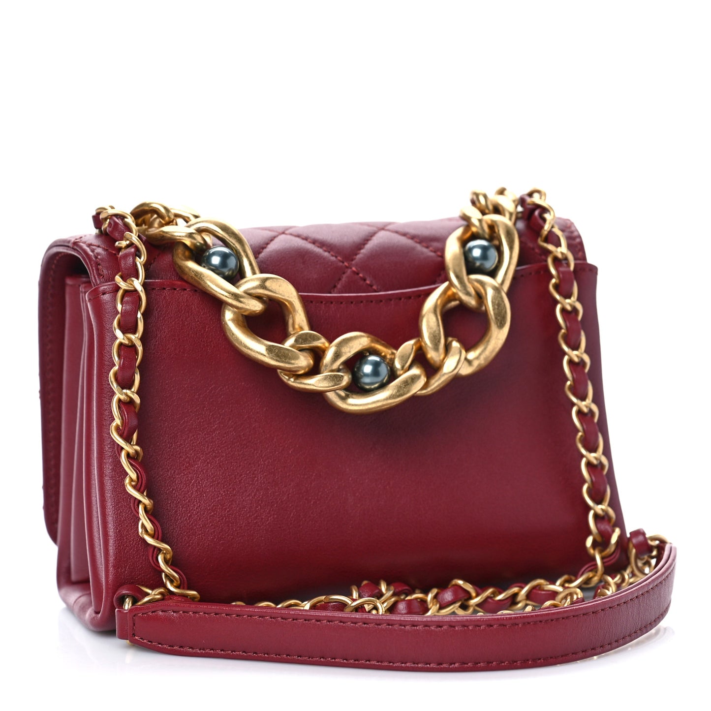 Calfskin Quilted Pearl Jewel Chain Flap Red