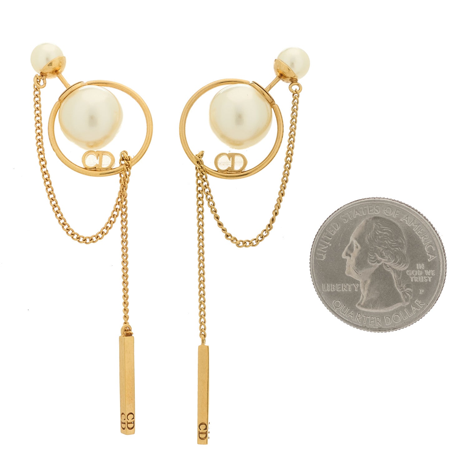 Christian Dior Pearl Tribales Dangle Chain Earrings Gold 2 of 4