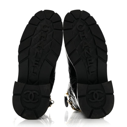 Chanel Shiny Calfskin Patent Quilted Chain Lace Up Combat Boots 36 Black 5 of 12