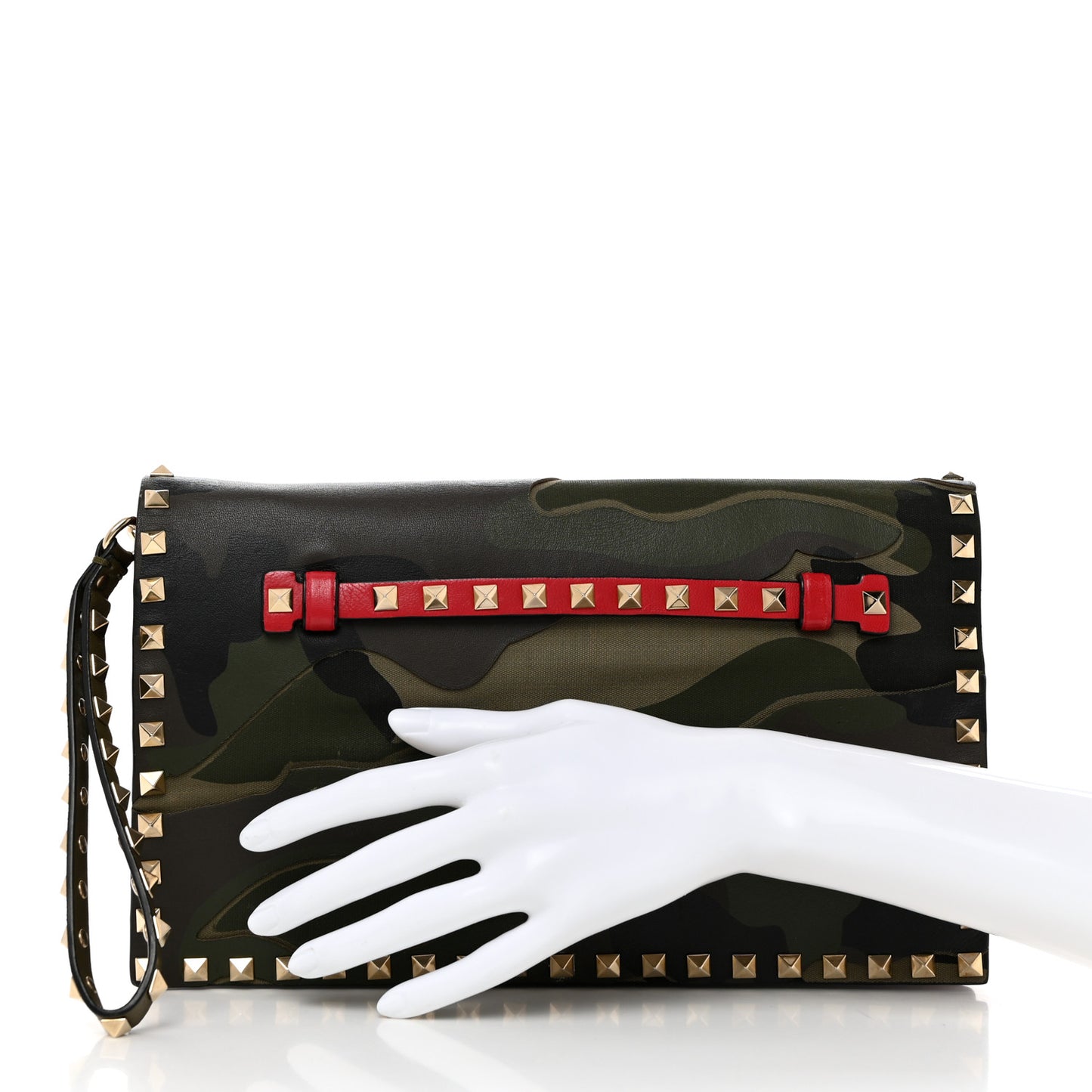 Nappa Canvas Camouflage Rockstud Wristlet Clutch Verde Rouge