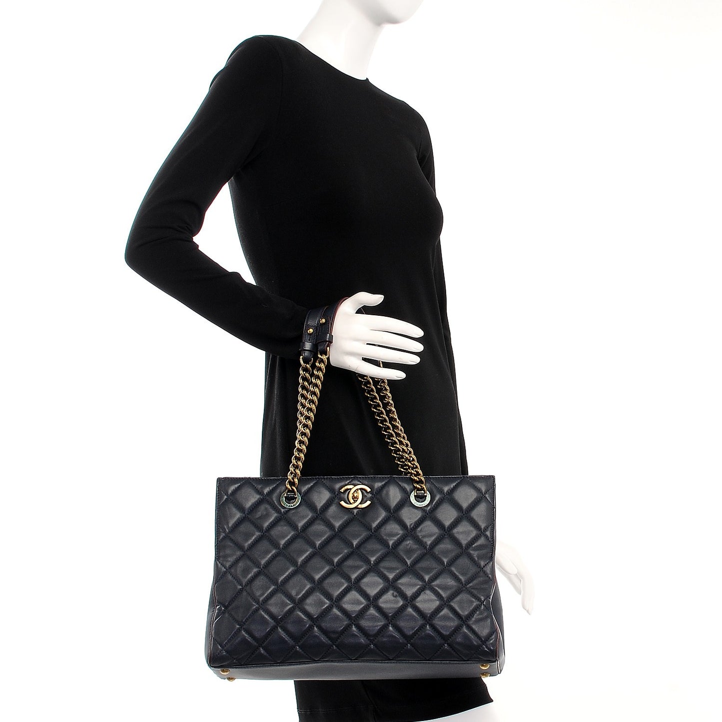 Calfskin Quilted Tote Dark Navy Red
