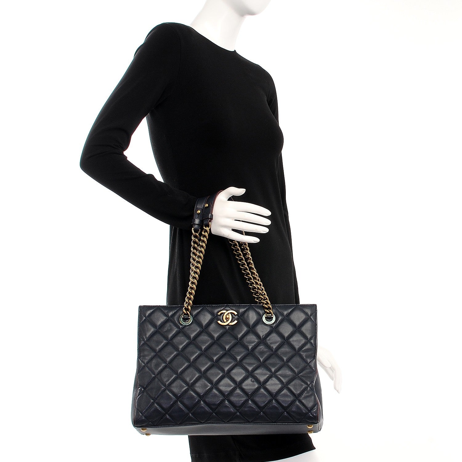 Chanel Calfskin Quilted Tote Dark Navy Red 2 of 18