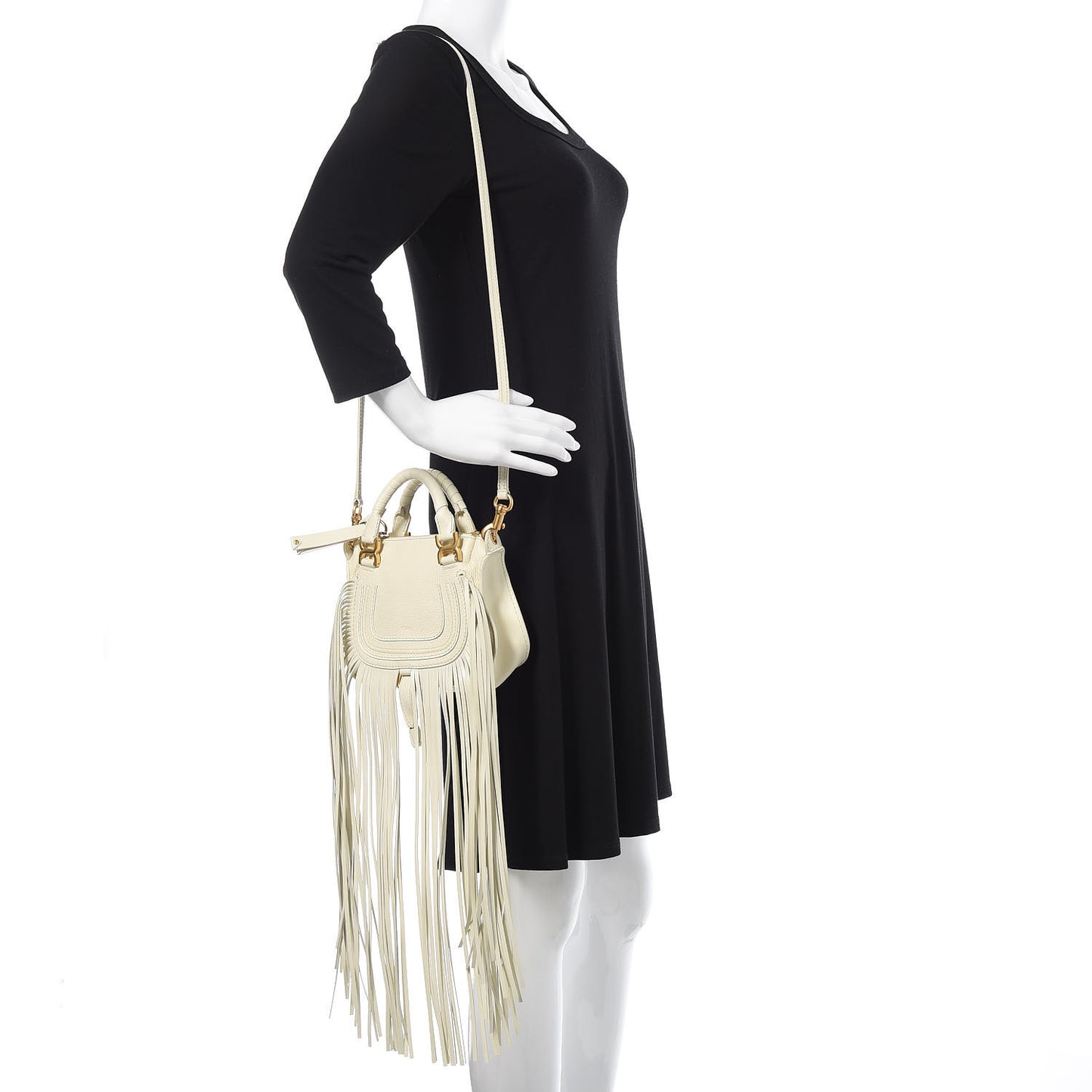 Shiny Small Grain Calfskin Mini Marcie Multi Fringe Satchel Natural White
