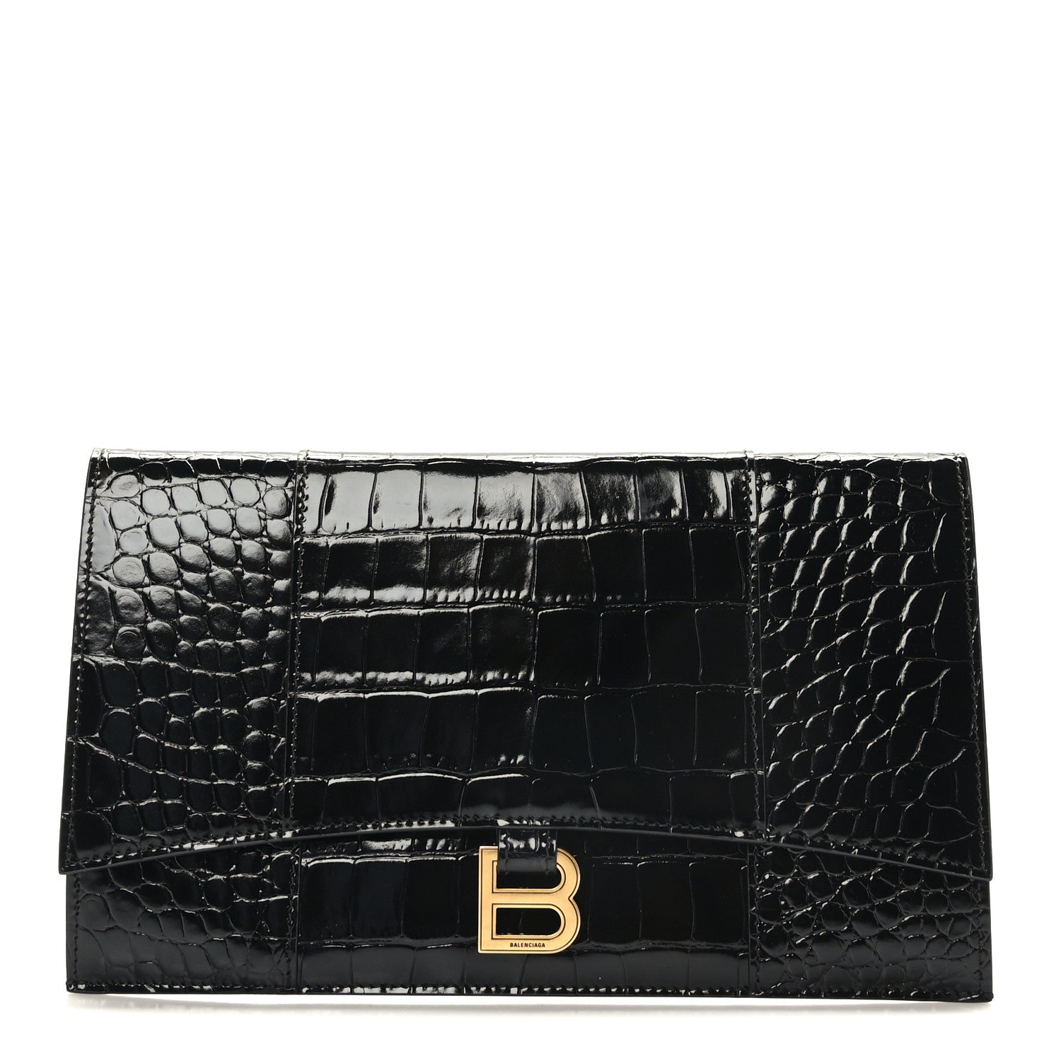 Balenciaga Shiny Calfskin Crocodile Embossed Hourglass Flap Flat Pouch Black 1 of 7